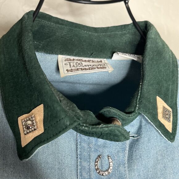 VTG Tillman Blue Denim Suede Fringed Horseshoe Western Shirt - Picture 5 of 14